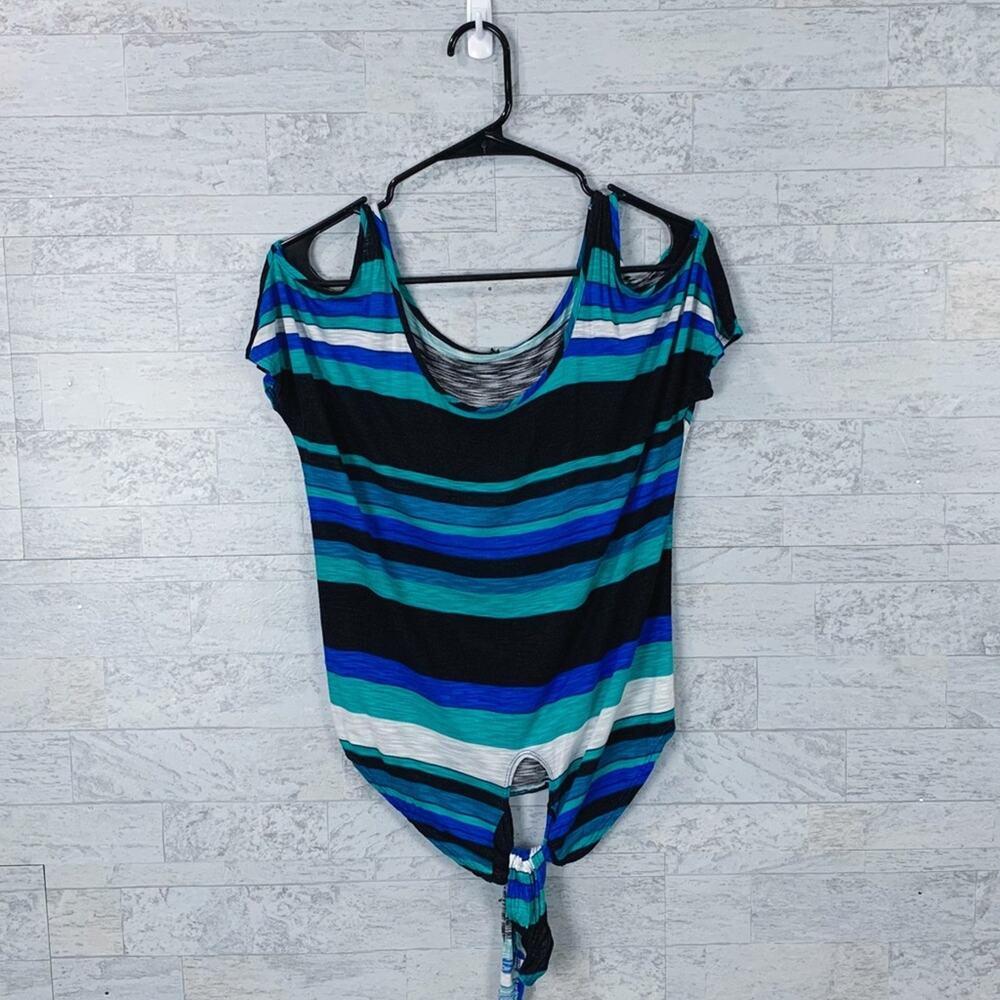Full Tilt striped cold shoulder short sleeve blouse front tie teal